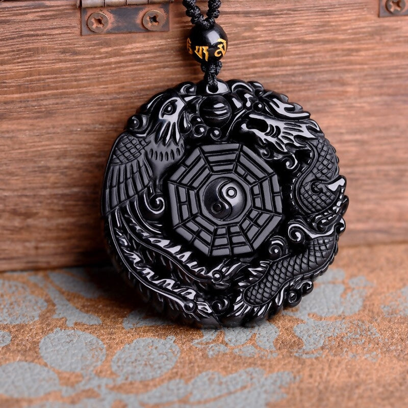 Black Dragon/Phoenix Obsidian Amulet - The Dragon Shop - Geek Culture