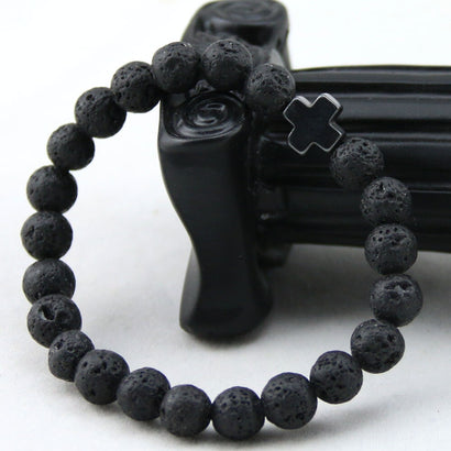 Black Cross Lava Beads Bracelet - The Dragon Shop - Geek Culture